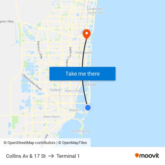 Collins Av & 17 St to Terminal 1 map