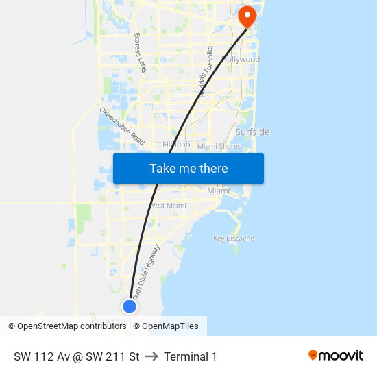 SW 112 Av @ SW 211 St to Terminal 1 map