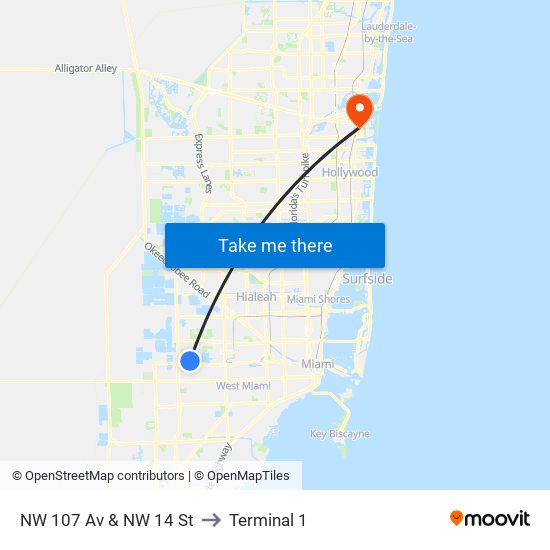 NW 107 Av & NW 14 St to Terminal 1 map