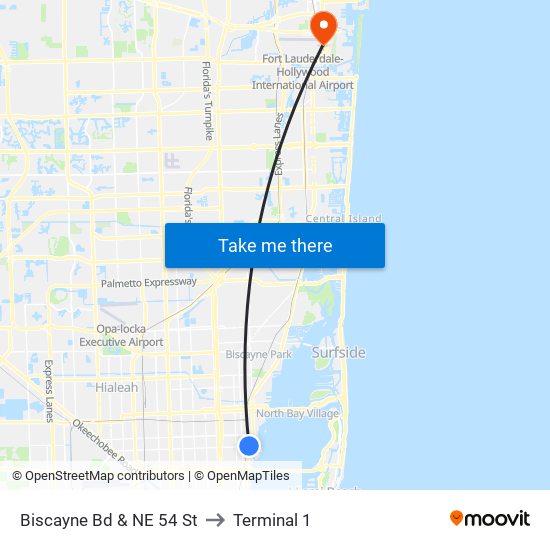 Biscayne Bd & NE 54 St to Terminal 1 map