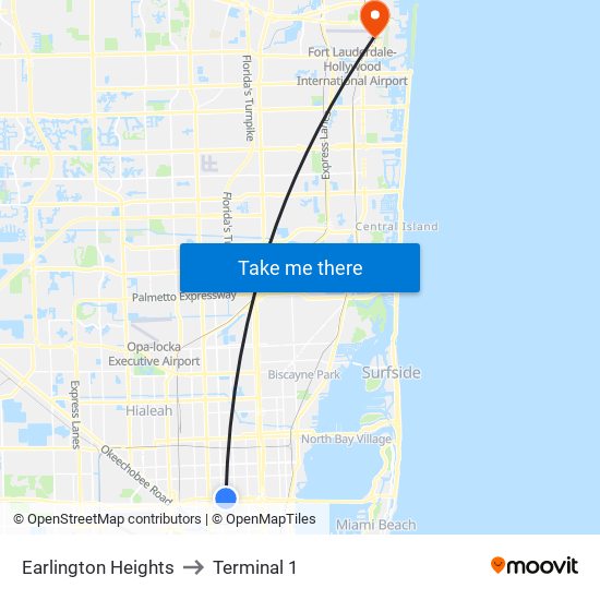 Earlington Heights to Terminal 1 map