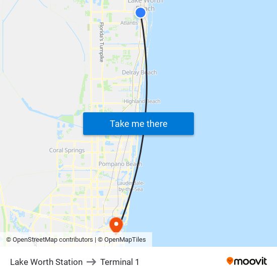 Lake Worth Station to Terminal 1 map