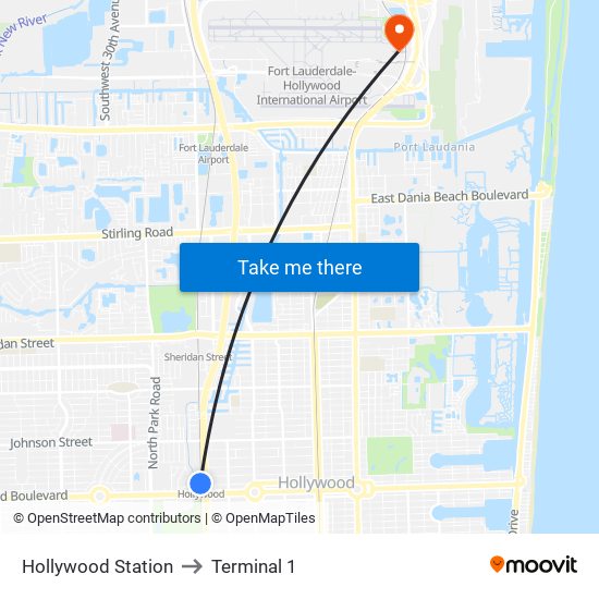 Hollywood Station to Terminal 1 map