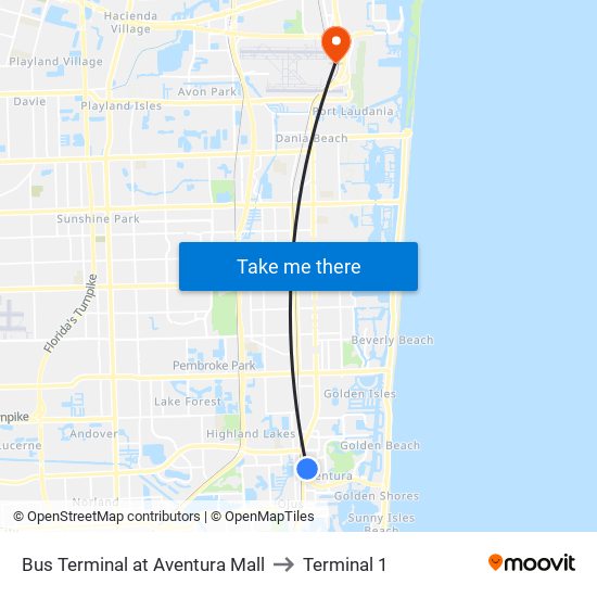 Bus Terminal at Aventura Mall to Terminal 1 map