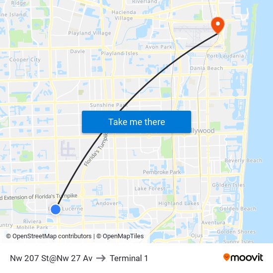 Nw 207 St@Nw 27 Av to Terminal 1 map