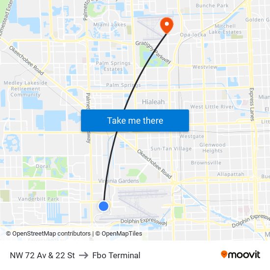 NW 72 Av & 22 St to Fbo Terminal map