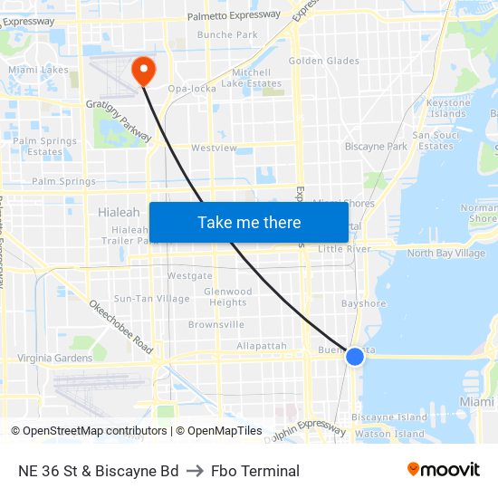 NE 36 St & Biscayne Bd to Fbo Terminal map