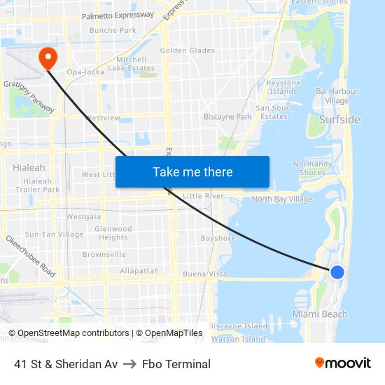 41 St & Sheridan Av to Fbo Terminal map