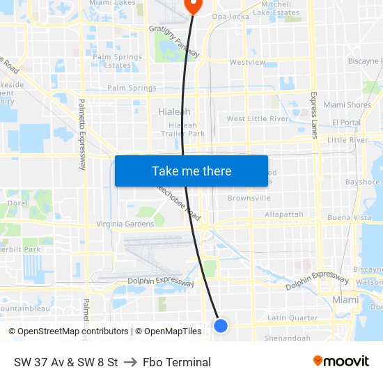 SW 37 Av & SW 8 St to Fbo Terminal map