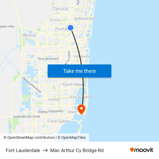 Fort Lauderdale to Mac Arthur Cy Bridge Rd map