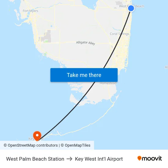 West Palm Beach Station to Key West Int'l Airport map