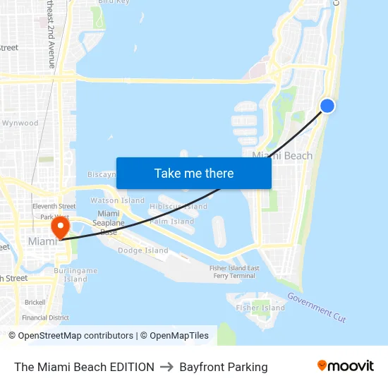The Miami Beach EDITION to Bayfront Parking map