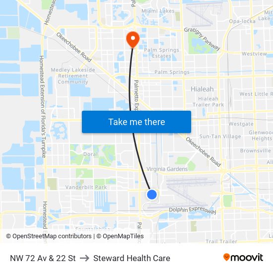 NW 72 Av & 22 St to Steward Health Care map