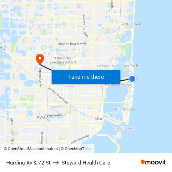 Harding Av & 72 St to Steward Health Care map