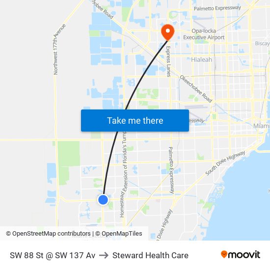 SW 88 St @ SW 137 Av to Steward Health Care map