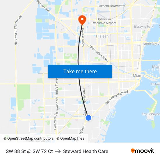 SW 88 St @ SW 72 Ct to Steward Health Care map