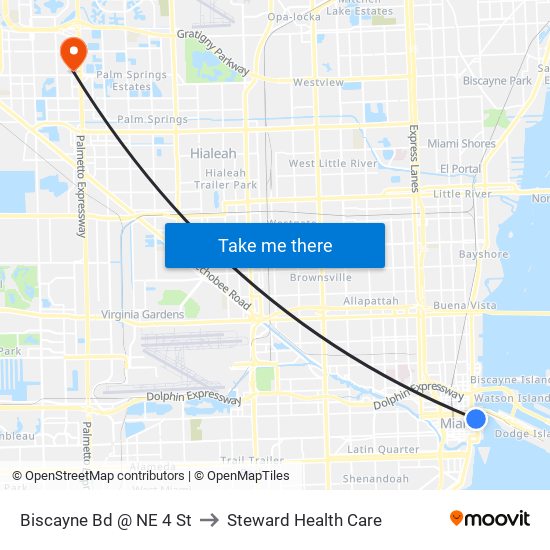 Biscayne Bd @ NE 4 St to Steward Health Care map