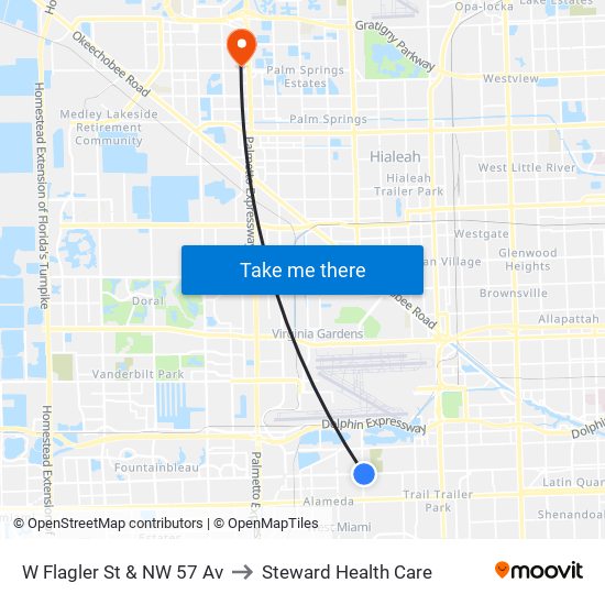 W Flagler St & NW 57 Av to Steward Health Care map