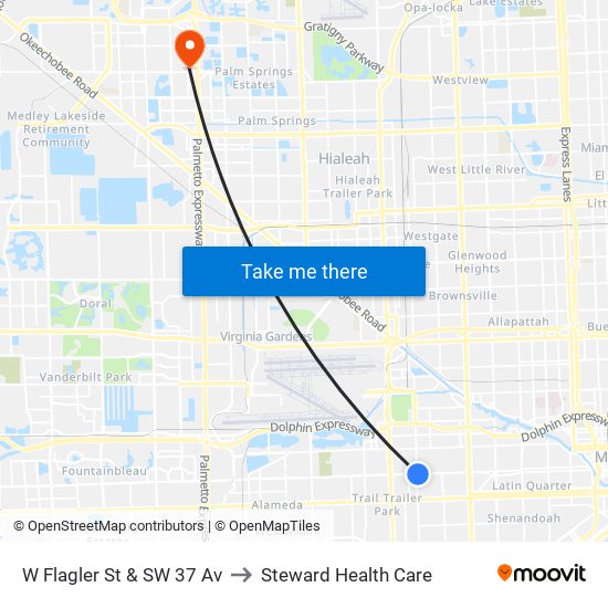 W Flagler St & SW 37 Av to Steward Health Care map