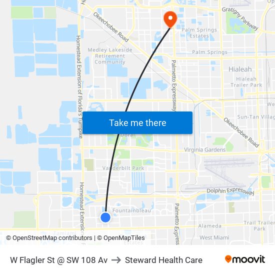 W Flagler St @ SW 108 Av to Steward Health Care map