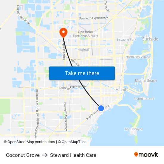 Coconut Grove to Steward Health Care map