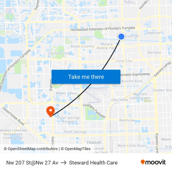 Nw 207 St@Nw 27 Av to Steward Health Care map