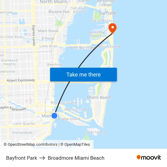 Bayfront Park to Broadmore Miami Beach map