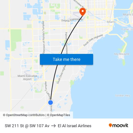 SW 211 St @ SW 107 Av to El Al Israel Airlines map