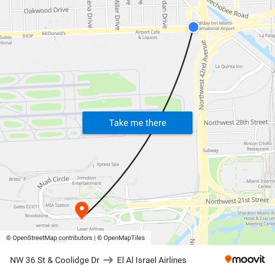 NW 36 St & Coolidge Dr to El Al Israel Airlines map