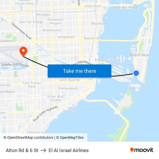 Alton Rd & 6 St to El Al Israel Airlines map