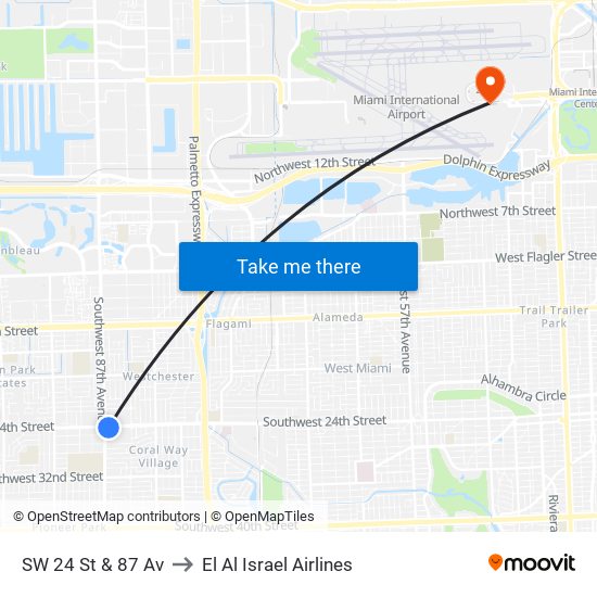 SW 24 St & 87 Av to El Al Israel Airlines map