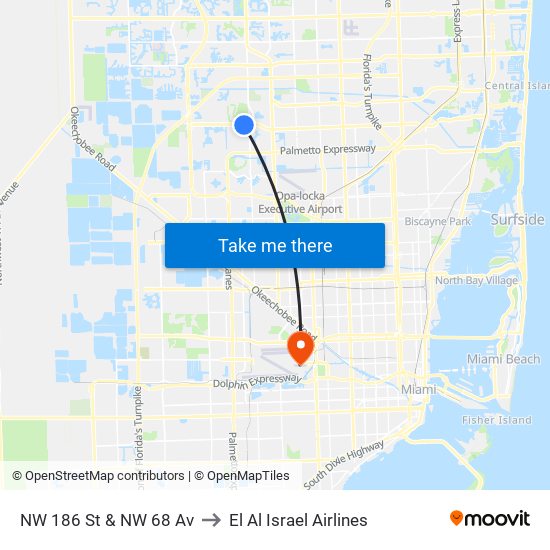 NW 186 St & NW 68 Av to El Al Israel Airlines map