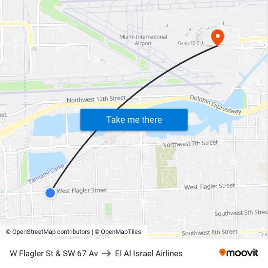 W Flagler St & SW 67 Av to El Al Israel Airlines map