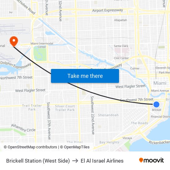 Brickell Station (West Side) to El Al Israel Airlines map