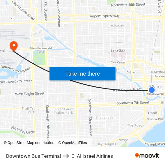 Downtown Bus Terminal to El Al Israel Airlines map