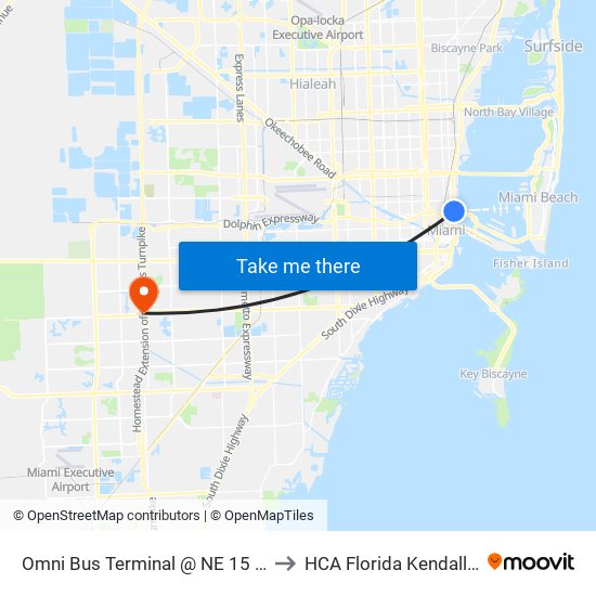 Omni Bus Terminal @ NE 15 St/Biscayne to HCA Florida Kendall Hospital map