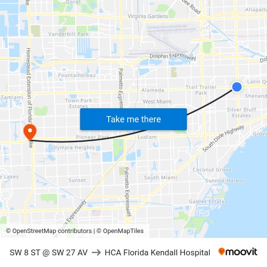 SW 8 St @ SW 27 Av to HCA Florida Kendall Hospital map