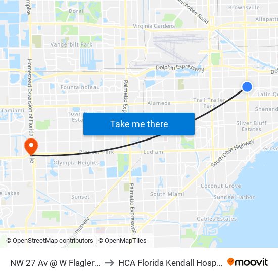 NW 27 Av @ W Flagler St to HCA Florida Kendall Hospital map