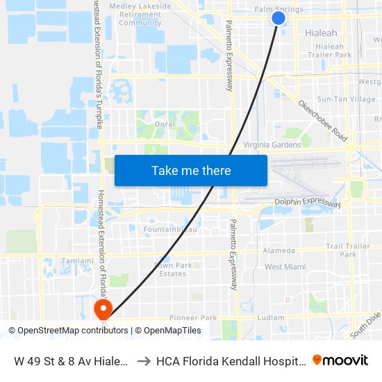 W 49 St & 8 Av Hialeah to HCA Florida Kendall Hospital map