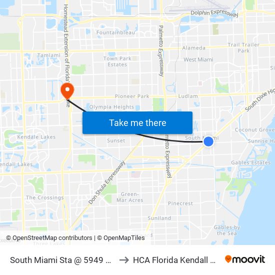 South Miami Sta @ 5949 SW 72 St to HCA Florida Kendall Hospital map