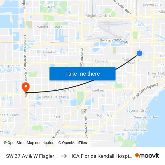 SW 37 Av & W Flagler St to HCA Florida Kendall Hospital map