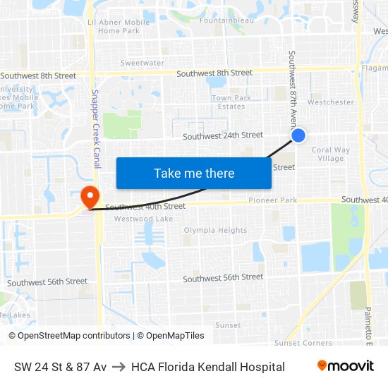 SW 24 St & 87 Av to HCA Florida Kendall Hospital map