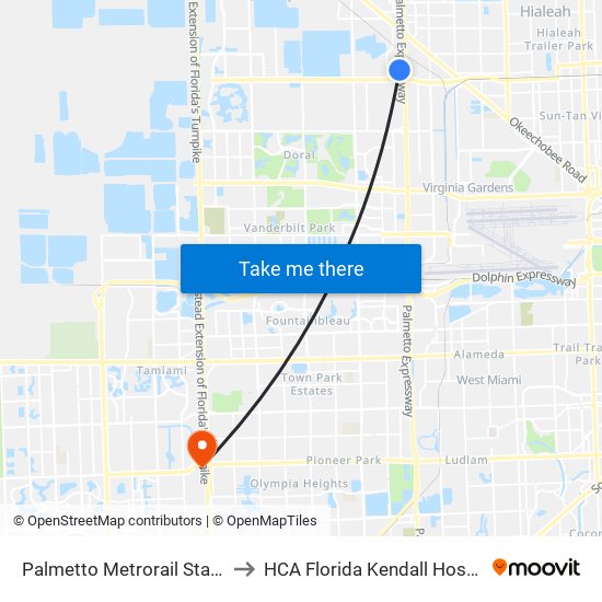 Palmetto Metrorail Station to HCA Florida Kendall Hospital map