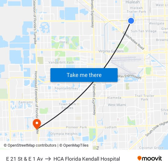 E 21 St & E 1 Av to HCA Florida Kendall Hospital map
