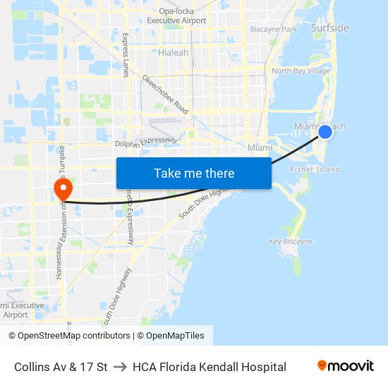 Collins Av & 17 St to HCA Florida Kendall Hospital map