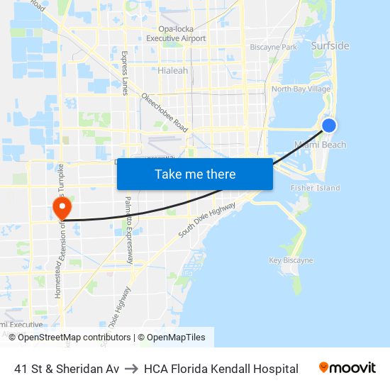 41 St & Sheridan Av to HCA Florida Kendall Hospital map