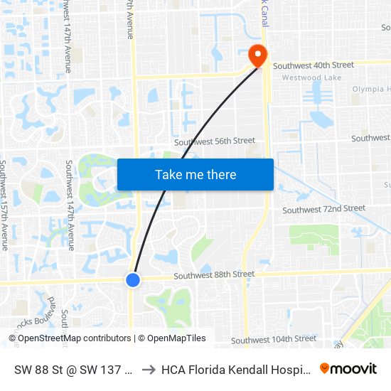 SW 88 St @ SW 137 Av to HCA Florida Kendall Hospital map