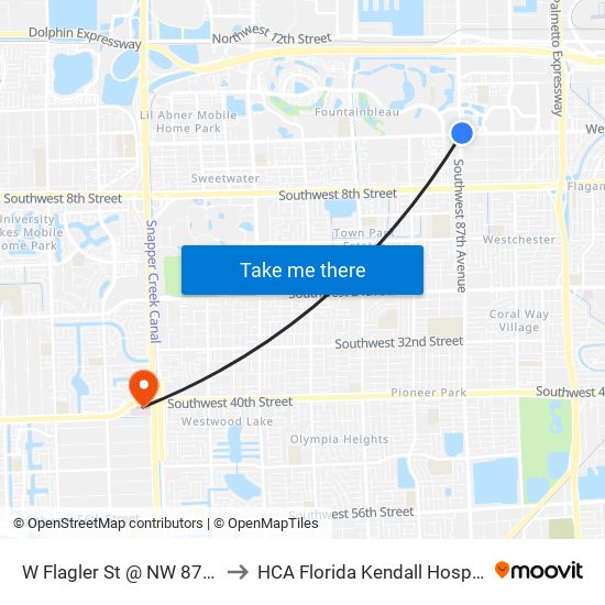 W Flagler St @ NW 87 Av to HCA Florida Kendall Hospital map