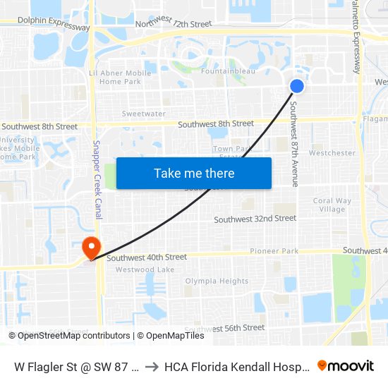 W Flagler St @ SW 87 Av to HCA Florida Kendall Hospital map