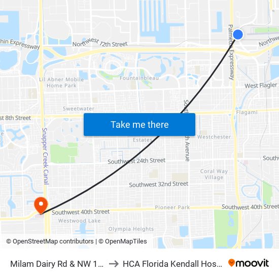 Milam Dairy Rd & NW 14 St to HCA Florida Kendall Hospital map